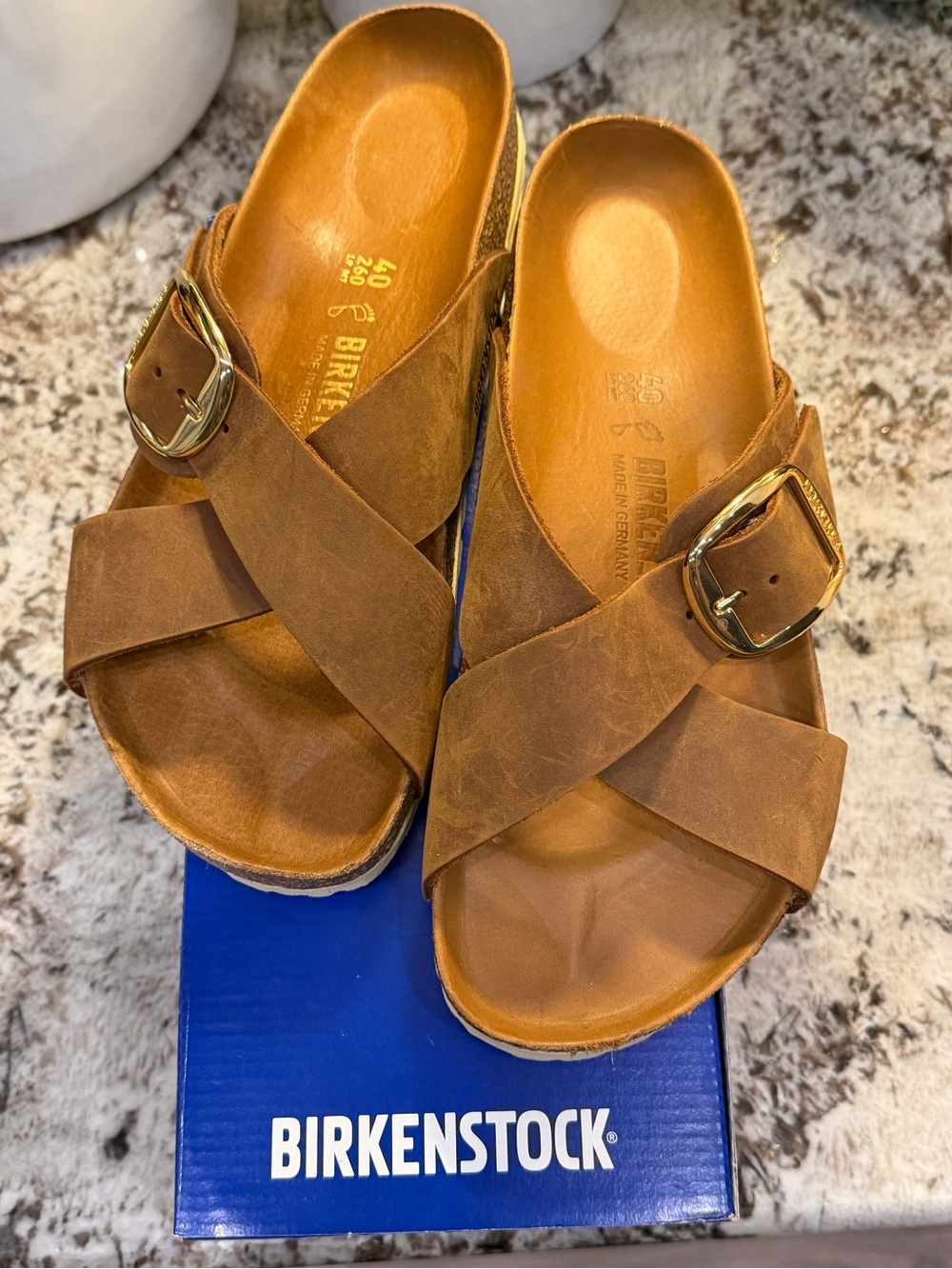 Birkenstock Women's Siena Big Buckle Brown Cognac Cross-Strap Slide Sandals